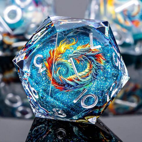 DND Dice Set, 7Pcs Resin Sharp Edge Dragon Dice with Gift Box, Blue Gold Polyhedral Liquid Core D&D Dice Set for RPG Role Playing Game D20 D12 D10 D8 D6 D4 in Kuwait