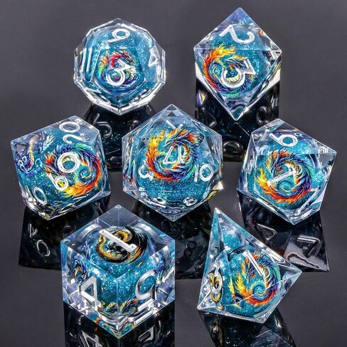 DND Dice Set, 7Pcs Resin Sharp Edge Dragon Dice with Gift Box, Blue Gold Polyhedral Liquid Core D&D Dice Set for RPG Role Playing Game D20 D12 D10 D8 D6 D4 in Kuwait