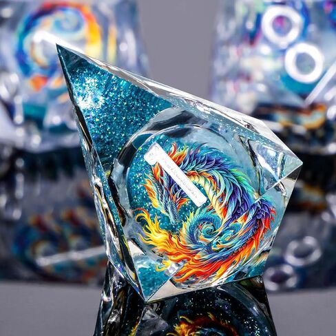 DND Dice Set, 7Pcs Resin Sharp Edge Dragon Dice with Gift Box, Blue Gold Polyhedral Liquid Core D&D Dice Set for RPG Role Playing Game D20 D12 D10 D8 D6 D4 in Kuwait