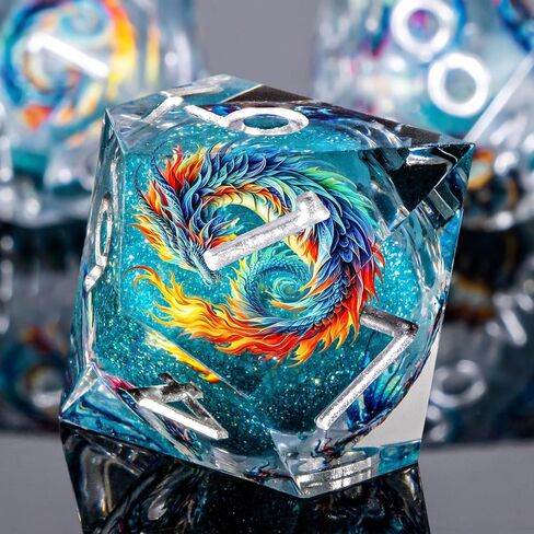 DND Dice Set, 7Pcs Resin Sharp Edge Dragon Dice with Gift Box, Blue Gold Polyhedral Liquid Core D&D Dice Set for RPG Role Playing Game D20 D12 D10 D8 D6 D4 in Kuwait