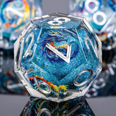 DND Dice Set, 7Pcs Resin Sharp Edge Dragon Dice with Gift Box, Blue Gold Polyhedral Liquid Core D&D Dice Set for RPG Role Playing Game D20 D12 D10 D8 D6 D4 in Kuwait