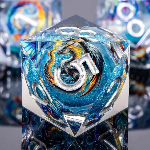 DND Dice Set, 7Pcs Resin Sharp Edge Dragon Dice with Gift Box, Blue Gold Polyhedral Liquid Core D&D Dice Set for RPG Role Playing Game D20 D12 D10 D8 D6 D4 in Kuwait