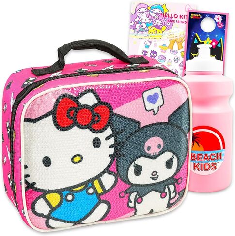 Hello Kitty و Kuromi Lunch Box Set - حزمة من حقيبة غداء Sanrio التي تتميز بـ Kuromi Plus Tattoos ، زجاجة ماء | Hello Kitty School Supplies in Saudi Arabia