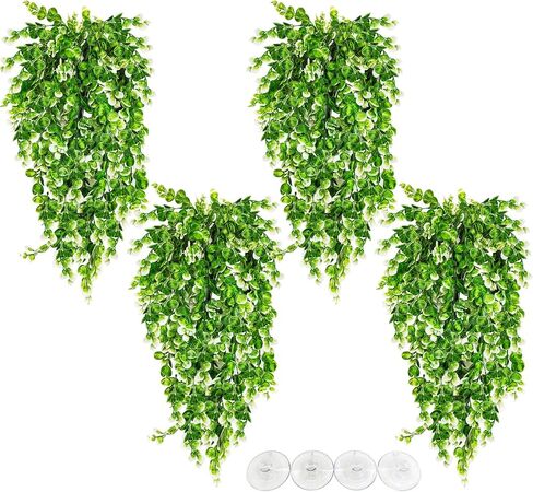 Hamiledyi 4 PCS Hanging Fake Plants for Reptiles, Fake Reptile Plants for Reptiles Tank with Suction Cup, Reptile Plants Jungle Hanging Vines for Bearded Dragon Tank (Green and White) in Saudi Arabia