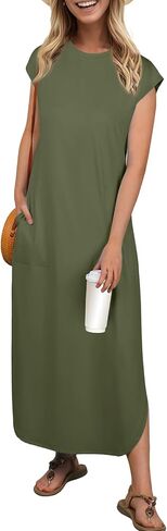 فساتين العطلات الشاطئية للنساء 2025 Sundress Cap Sleeves Discal Maxi Beach Dress مع جيوب XS-2XL in Saudi Arabia