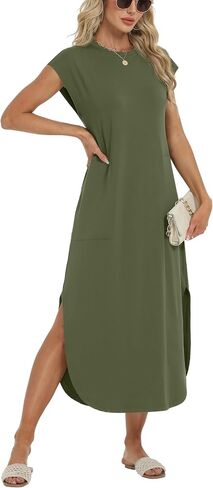 فساتين العطلات الشاطئية للنساء 2025 Sundress Cap Sleeves Discal Maxi Beach Dress مع جيوب XS-2XL in Saudi Arabia