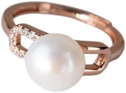 Natural Pearl Gemstone Womens Ring Round Shape White Stone Genuine Rose Gold Plated Promises Anniversary Rings for Woman Gift for Her in Saudi Arabia