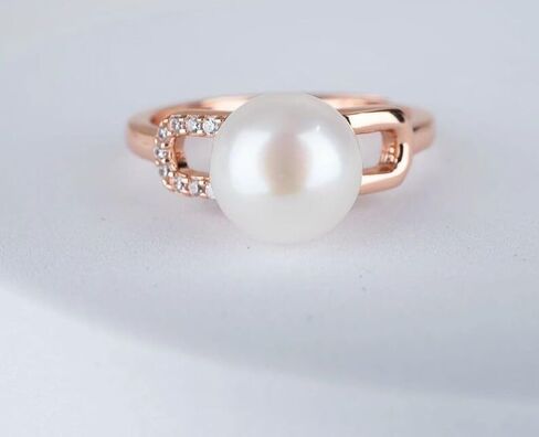 Natural Pearl Gemstone Womens Ring Round Shape White Stone Genuine Rose Gold Plated Promises Anniversary Rings for Woman Gift for Her in Saudi Arabia