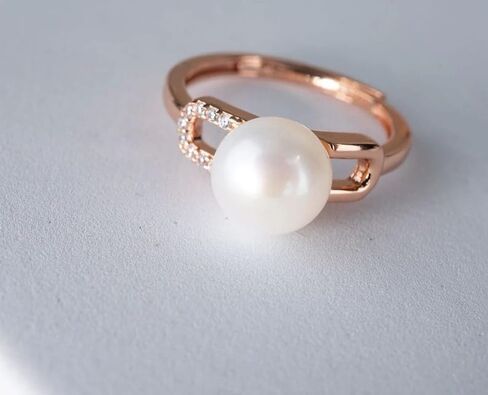 Natural Pearl Gemstone Womens Ring Round Shape White Stone Genuine Rose Gold Plated Promises Anniversary Rings for Woman Gift for Her in Saudi Arabia