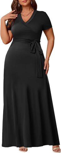 Runwind Women’s Plus Size Maxi Dress Short Sleeve Casusl Summer Long Dress Solid V-Neck Oversized Dresses in Saudi Arabia