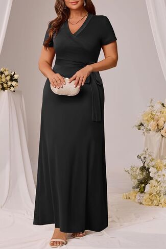 Runwind Women’s Plus Size Maxi Dress Short Sleeve Casusl Summer Long Dress Solid V-Neck Oversized Dresses in Saudi Arabia