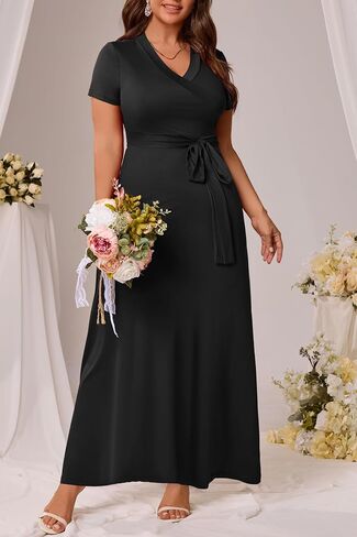 Runwind Women’s Plus Size Maxi Dress Short Sleeve Casusl Summer Long Dress Solid V-Neck Oversized Dresses in Saudi Arabia