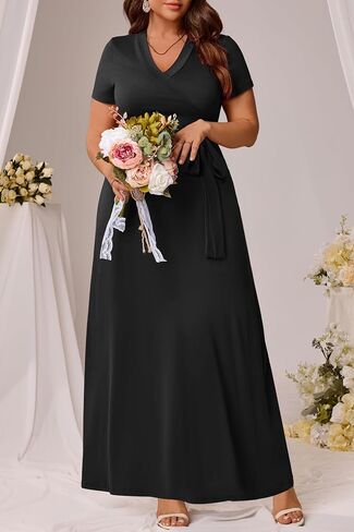 Runwind Women’s Plus Size Maxi Dress Short Sleeve Casusl Summer Long Dress Solid V-Neck Oversized Dresses in Saudi Arabia