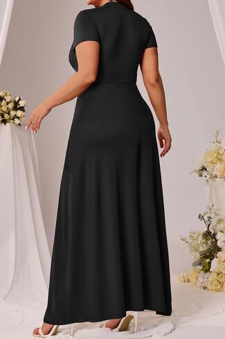 Runwind Women’s Plus Size Maxi Dress Short Sleeve Casusl Summer Long Dress Solid V-Neck Oversized Dresses in Saudi Arabia