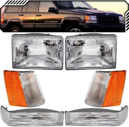 EPIC LIGHTING OE Fitment Replacement Halogen Headlight Side Marker Signal Light Assembly Set Compatible with JEEP 93-96 GRAND CHEROKEE [ 6-Piece ] Combo in Kuwait