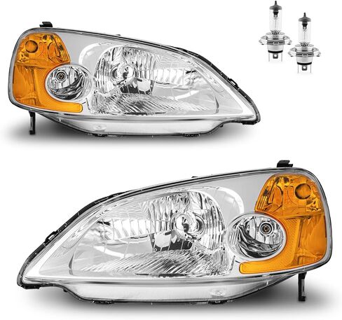 Headlights Assembly for 2001-2003 Honda Civic 2/4Door Halogen Headlamp Replacement, High/Low Beam W/Bulbs, Driver & Passenger Side in Kuwait