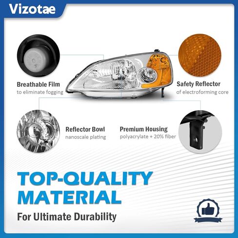 Headlights Assembly for 2001-2003 Honda Civic 2/4Door Halogen Headlamp Replacement, High/Low Beam W/Bulbs, Driver & Passenger Side in Kuwait