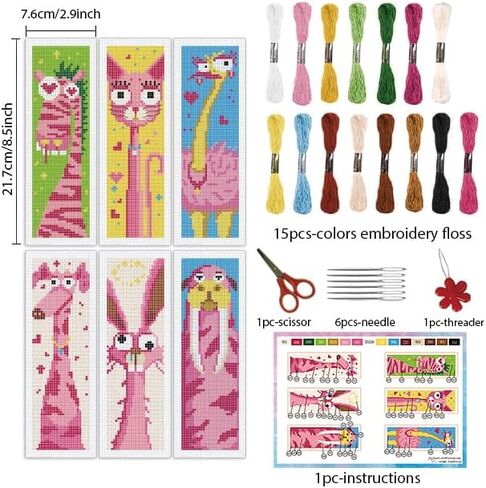 INFUNLY 6 Set Cat Cross Stitch Bookmark Kits Carton Kitten DIY Cross Stitch Kit for Beginners Black Cat Stamped Embroidery Bookmark Kit with Backing Felt Floss Instruction for Starters Book Lovers in Saudi Arabia