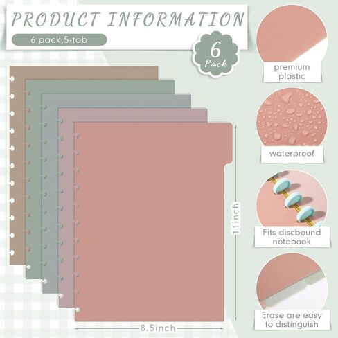 6 Sets 5 Tab Note Taking System Discbound Tab Dividers 8.5 x 11 Inch Letter Size Plastic Dividers Multicolor 5 Colors for Office Subject Document (Taro Color) in Kuwait