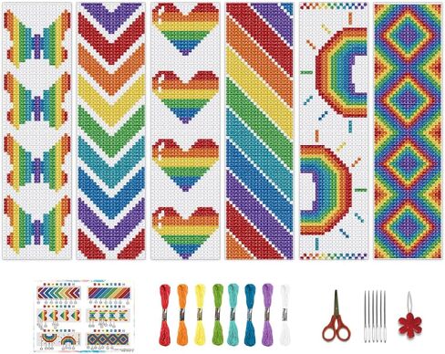 BEUNITONE Cross Stitch Bookmark Kit 6 Pcs Rainbow DIY Bookmarks Cross Stitch Kits for Adults Beginners Love Heart Pre-Sorted Floss Cross-Stitch Stamped Embroidery Kit with Instruction 8''x2.4'' in Saudi Arabia