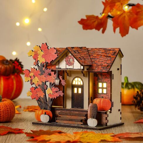 Wooden Lighted Fall House Tabletop Decoration Thanksgiving Handcrafted Wood Autumn Harvest Sign Battery Operated Village House Block Indoor Fireplace Desk Kitchen Centerpieces for Autumn Harvest Party in Saudi Arabia