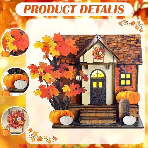Wooden Lighted Fall House Tabletop Decoration Thanksgiving Handcrafted Wood Autumn Harvest Sign Battery Operated Village House Block Indoor Fireplace Desk Kitchen Centerpieces for Autumn Harvest Party in Saudi Arabia