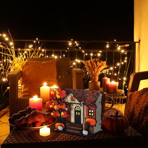 Wooden Lighted Fall House Tabletop Decoration Thanksgiving Handcrafted Wood Autumn Harvest Sign Battery Operated Village House Block Indoor Fireplace Desk Kitchen Centerpieces for Autumn Harvest Party in Saudi Arabia