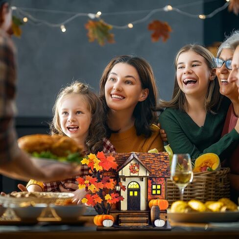 Wooden Lighted Fall House Tabletop Decoration Thanksgiving Handcrafted Wood Autumn Harvest Sign Battery Operated Village House Block Indoor Fireplace Desk Kitchen Centerpieces for Autumn Harvest Party in Saudi Arabia