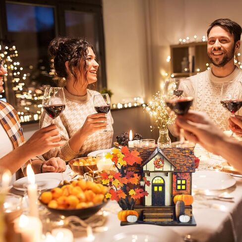 Wooden Lighted Fall House Tabletop Decoration Thanksgiving Handcrafted Wood Autumn Harvest Sign Battery Operated Village House Block Indoor Fireplace Desk Kitchen Centerpieces for Autumn Harvest Party in Saudi Arabia