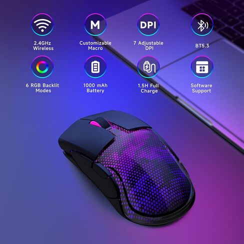 Mouse Mouse Wireless Gaming FFJ ، 24000 نقطة في البوصة ، Tri-Mode BT5.3/Type-C Wired/2.4g Mouse اللاسلكي ، RGB ، 6 أزرار قابلة للبرمجة ، عمر بطارية 75 ساعة ، الماوس القابل لإعادة الشحن للكمبيوتر الشخصي ، الكمبيوتر المحمول ، MAC ، PS5 ، Xbox-Violet in Kuwait