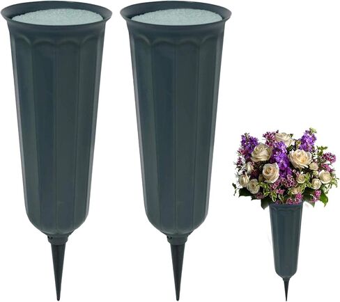 2pcs مقبرة مزهرية مع حصة وإدراج الرغوة ، حامل الزهور النباتية للحفاظ على باقات في مكانها ، زينة قبر أنيقة للمقبرة (أبيض) in Kuwait