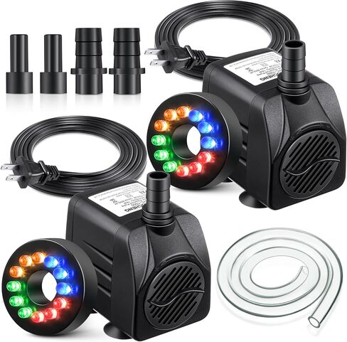 2 Pack 10W 160 GPH Submersible Fountain Water Pump with 12 LED Lights, Aquarium Fish Tank Water Pump with 13mm and 8mm Spray Nozzles Tubing for Water Feature Pond Home Fountain Statuary Gardens in Saudi Arabia