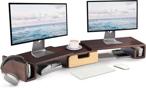 BLUEWEST Acacia Wooden Dual Monitor Stand Riser with Drawer, 40.4'' Ergonomic Monitor Stand for Desk with Adjustable Length and Swivel Angle, Wooden Desktop Organizer for Laptop, PC, Computer, Printer in Saudi Arabia