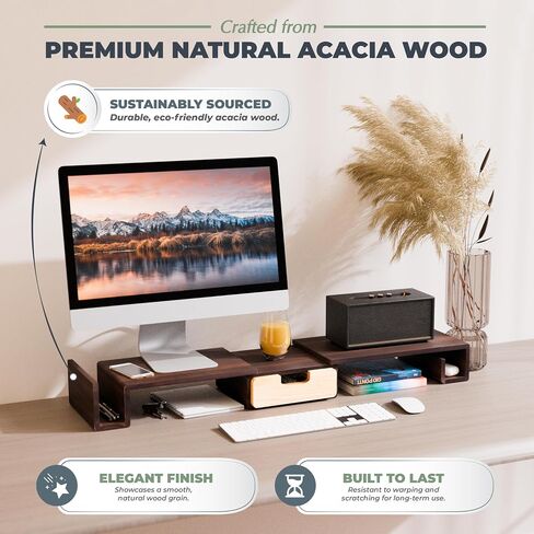 BLUEWEST Acacia Wooden Dual Monitor Stand Riser with Drawer, 40.4'' Ergonomic Monitor Stand for Desk with Adjustable Length and Swivel Angle, Wooden Desktop Organizer for Laptop, PC, Computer, Printer in Saudi Arabia