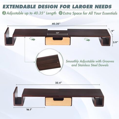 BLUEWEST Acacia Wooden Dual Monitor Stand Riser with Drawer, 40.4'' Ergonomic Monitor Stand for Desk with Adjustable Length and Swivel Angle, Wooden Desktop Organizer for Laptop, PC, Computer, Printer in Saudi Arabia