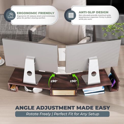 BLUEWEST Acacia Wooden Dual Monitor Stand Riser with Drawer, 40.4'' Ergonomic Monitor Stand for Desk with Adjustable Length and Swivel Angle, Wooden Desktop Organizer for Laptop, PC, Computer, Printer in Saudi Arabia