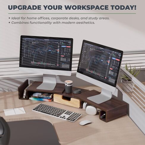 BLUEWEST Acacia Wooden Dual Monitor Stand Riser with Drawer, 40.4'' Ergonomic Monitor Stand for Desk with Adjustable Length and Swivel Angle, Wooden Desktop Organizer for Laptop, PC, Computer, Printer in Saudi Arabia