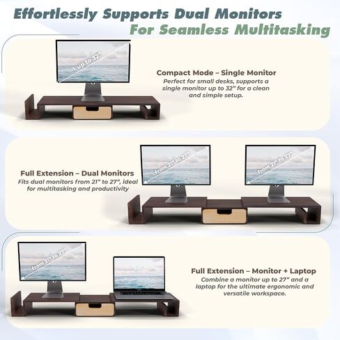 BLUEWEST Acacia Wooden Dual Monitor Stand Riser with Drawer, 40.4'' Ergonomic Monitor Stand for Desk with Adjustable Length and Swivel Angle, Wooden Desktop Organizer for Laptop, PC, Computer, Printer in Saudi Arabia