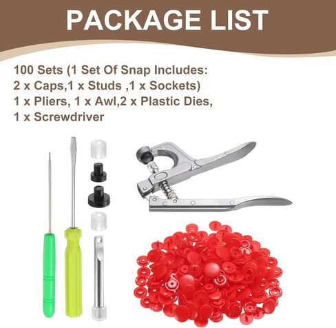 HARFINGTON Plastic Snaps Fasteners with Snap Pliers, 100 Set T8 Round No-Sew Button Snap Fasteners Kit for Clothing Sewing Diapers Bibs Crafting, Watermelon Red in Saudi Arabia