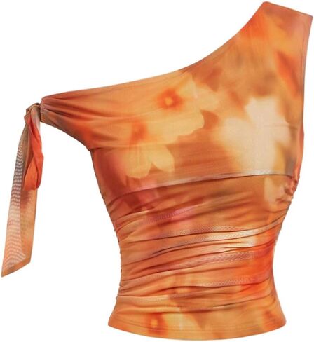 WDIRARA Women's Floral Mesh One Shoulder Crop Top Tie Dye Asymmetrical Sleeveless Tops in Kuwait