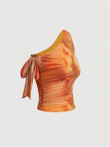 WDIRARA Women's Floral Mesh One Shoulder Crop Top Tie Dye Asymmetrical Sleeveless Tops in Kuwait