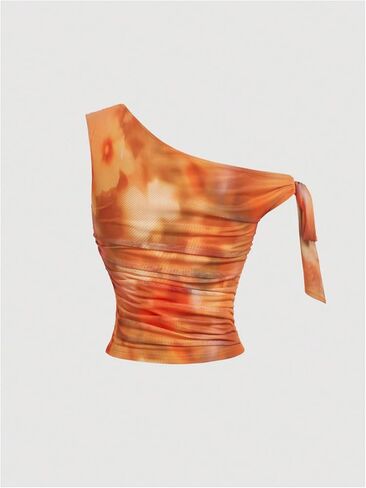 WDIRARA Women's Floral Mesh One Shoulder Crop Top Tie Dye Asymmetrical Sleeveless Tops in Kuwait