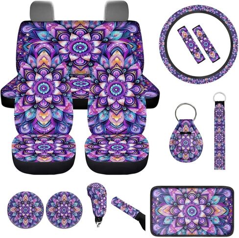 أغطية مقعد Hippie Blossom Lotus للسيارات العالمية لوقت المقعد الخلفي الأمامي مجموعة كاملة 14 PCS Boho Lotus Printbelt حزام الأمان ، وسلاسل المفاتيح الملحقات الداخلية للنساء للنساء in Kuwait