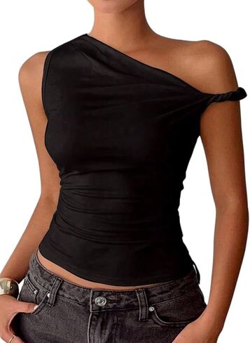 Milumia Women's Twisted Asymmetrical Neck One Off The Shoulder Tank Top Ruched Summer Going Out Crop Tops in Saudi Arabia