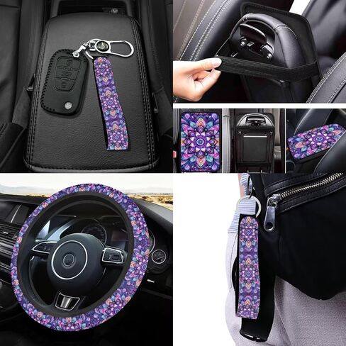 أغطية مقعد Hippie Blossom Lotus للسيارات العالمية لوقت المقعد الخلفي الأمامي مجموعة كاملة 14 PCS Boho Lotus Printbelt حزام الأمان ، وسلاسل المفاتيح الملحقات الداخلية للنساء للنساء in Kuwait