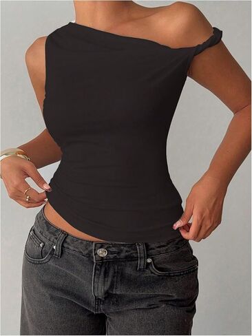 Milumia Women's Twisted Asymmetrical Neck One Off The Shoulder Tank Top Ruched Summer Going Out Crop Tops in Saudi Arabia