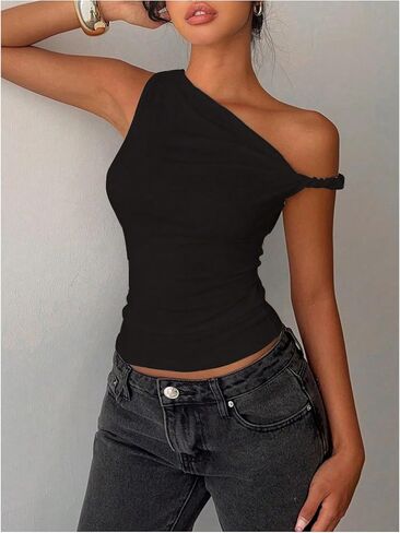Milumia Women's Twisted Asymmetrical Neck One Off The Shoulder Tank Top Ruched Summer Going Out Crop Tops in Saudi Arabia