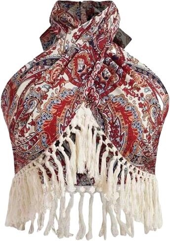 MakeMechic Women's Boho Halter Tops Fringe Tank Tops Paisley Print Tie Tie Backless Criss Cross Crop Cowboits in Kuwait