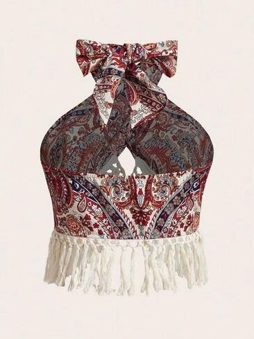 MakeMechic Women's Boho Halter Tops Fringe Tank Tops Paisley Print Tie Tie Backless Criss Cross Crop Cowboits in Kuwait