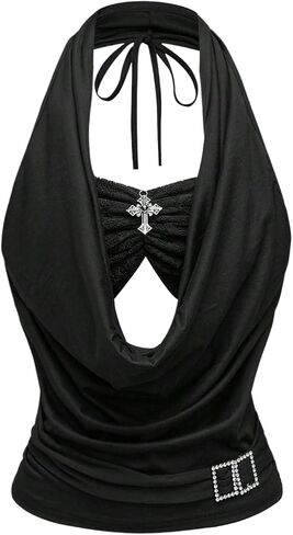 Verdusa Women's Y2K Goth Halter Top Out out out bucked ruched rocked lace lace stops fort in Saudi Arabia